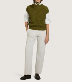 Women'S Cotton Cashmere Aran Crew Neck Tank In Olive*Purdey Store