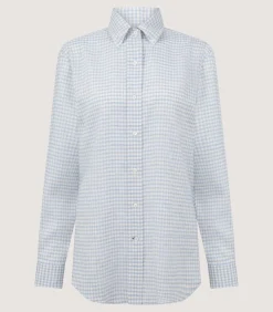 Women'S Pale Indigo Linen Shepherd Check Button Down Shirt*Purdey New